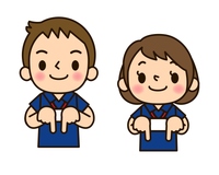 上を指さす笑顔のポロシャツのスタッフ男女 の画像素材 イラスト素材ならイメージナビ